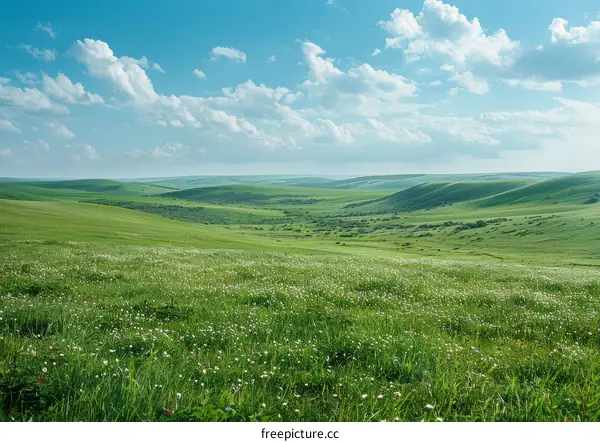Rolling Green Hills Under Blue Sky with White Clouds