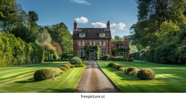 Large English Country House with Trees and Lawn