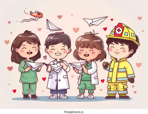 Four happy children in various professions