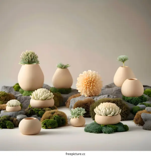 Beige Pots with Small Plants on Moss and Rocks