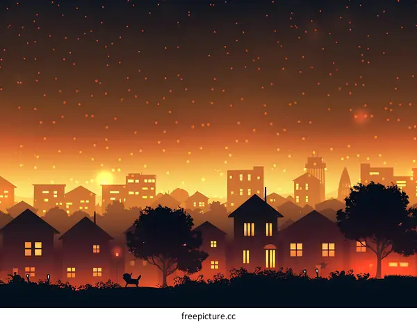 Silhouette of Cityscape with Sunset Sky and Stars