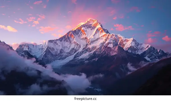 Mount Everest, the highest mountain in the world, at sunset