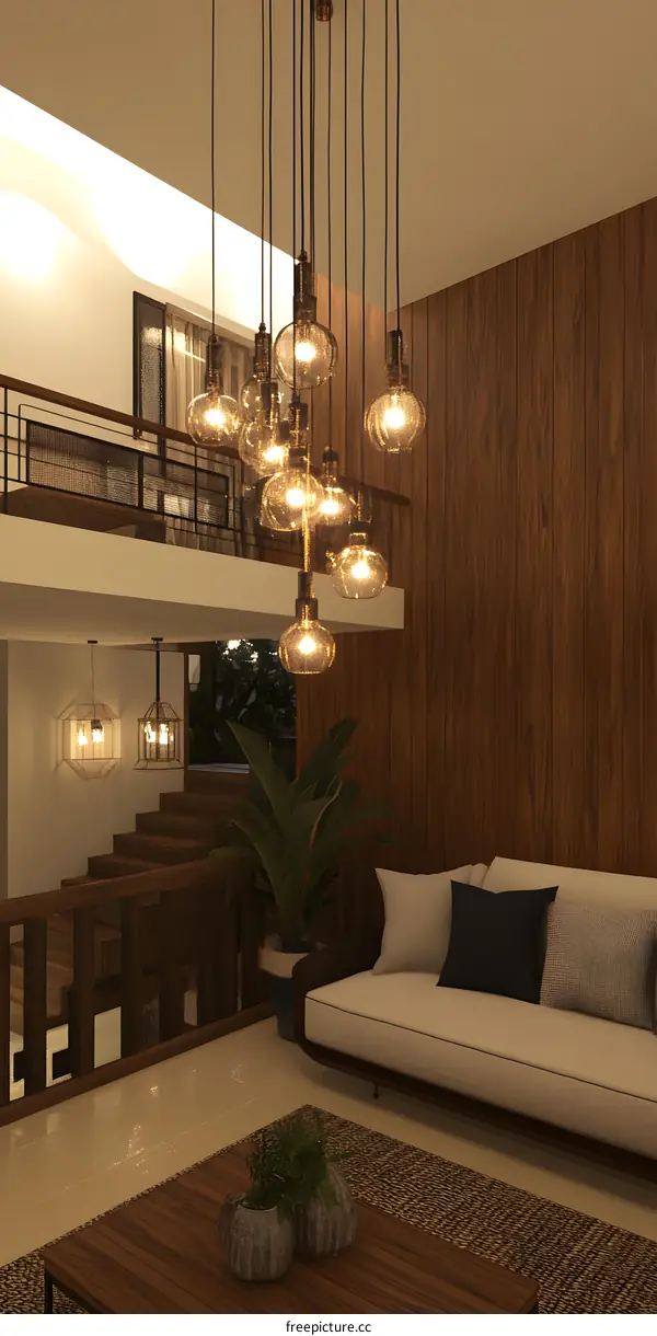 Modern Interior Design with Large Chandelier and Warm Lighting