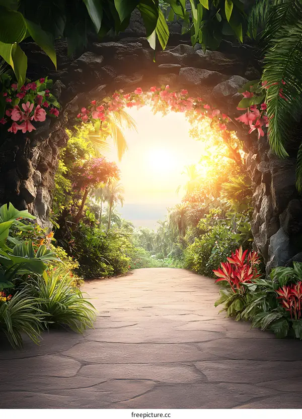 Stone Archway Pathway in Tropical Jungle