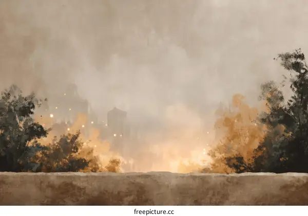 Misty Cityscape with Trees and Wall