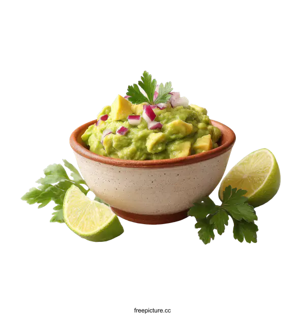 [Transparent Background PNG]Delicious Guacamole in a Bowl with Lime and Parsley