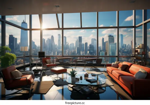 Modern Office Interior With Large Windows Overlooking City