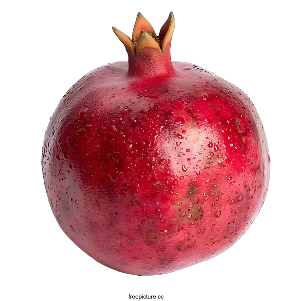 [Transparent Background PNG]A red pomegranate with water drops on a white background.