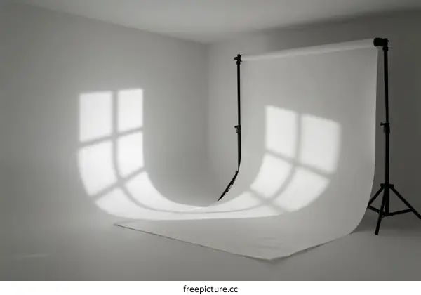 Studio setup with white backdrop and window light shadows