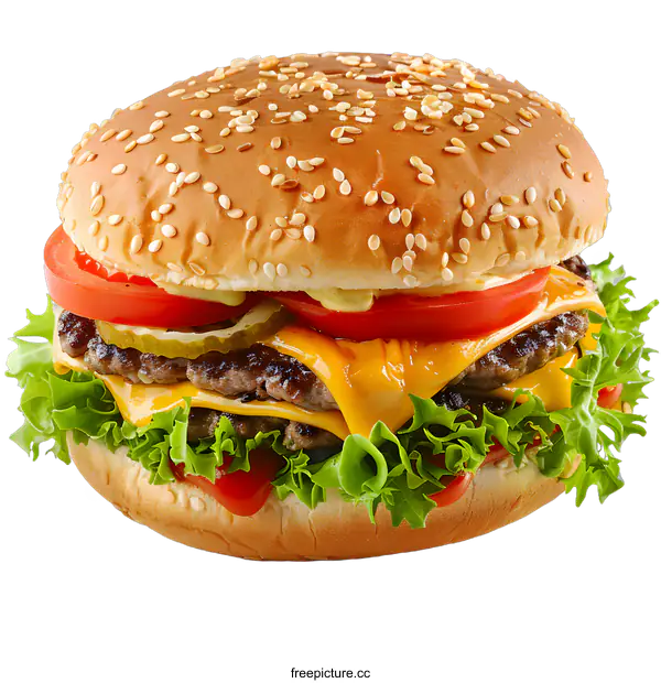 [Transparent Background PNG]Close Up of Delicious Cheeseburger with Sesame Seed Bun