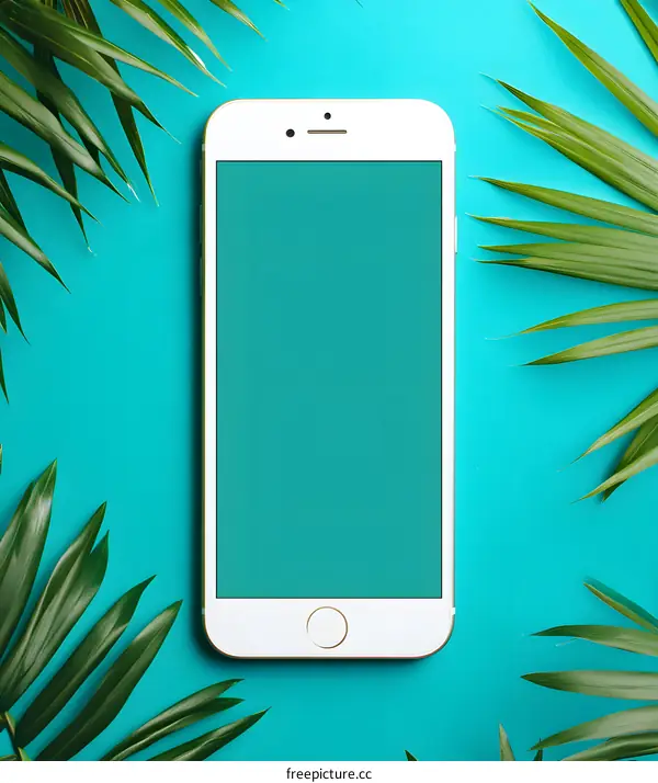 White Smartphone with Green Leaves on Blue Background