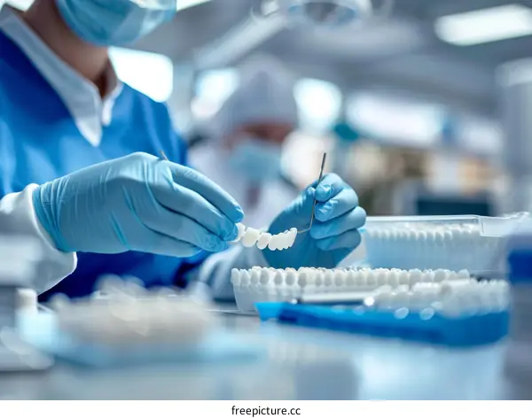 Dental technician working on a set of dentures in a dental laboratory