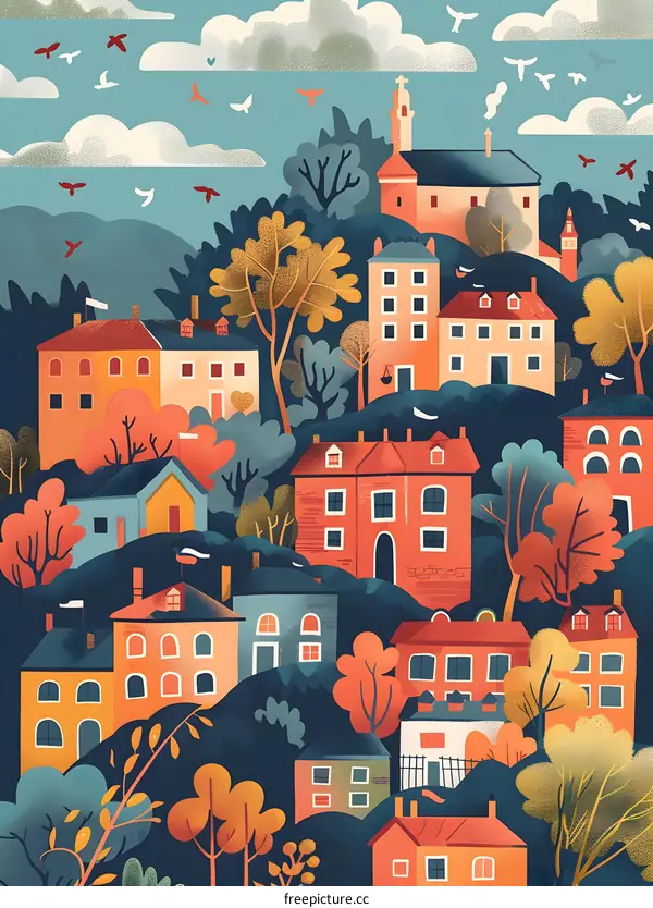 Autumn Village Illustration with Colorful Houses and Birds
