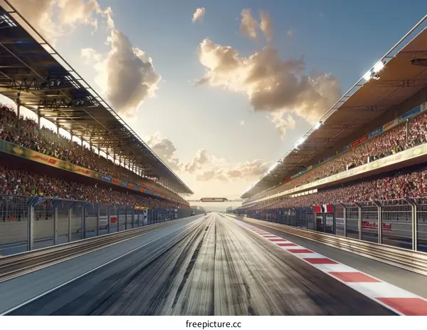 Formula One race track with empty grandstands at sunset
