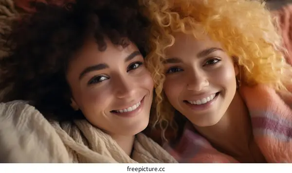 Two young women with curly hair smiling at the camera