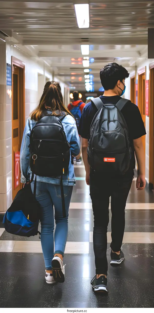 Two Students Walking Down a School Hallway
