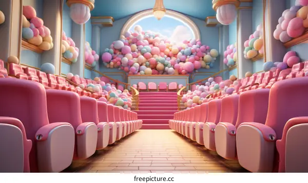Pink and blue pastel surreal theater with pink chairs and colorful balloons