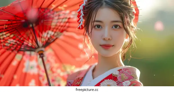 Portrait of a beautiful Japanese woman in traditional kimono holding a red umbrella