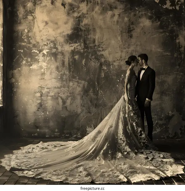 The bride and groom share a tender moment in front a a dilapidated wall