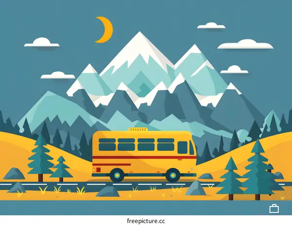 Yellow Bus Driving Through Mountains at Night