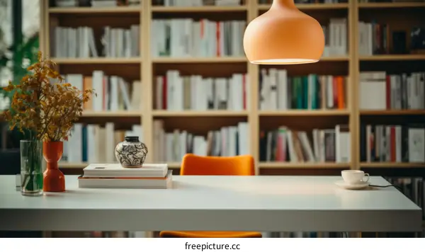 A desk with a vase of flowers, a stack of books, a cup of coffee, and a lamp