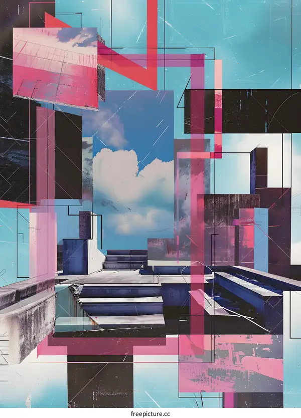 Abstract Geometric Shapes Collage with Sky and Stairs