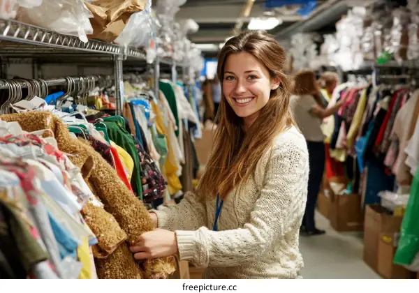 Smiling Caucasian Woman Browsing a Clothing Warehouse
