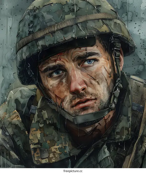 Soldier in the Rain Watercolor Portrait