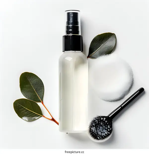 Beauty Products with Eucalyptus Leaves and Makeup Brush