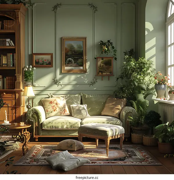 A retro living room with lots of plants