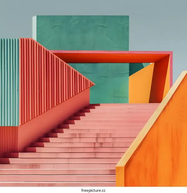 Abstract Minimalist Architecture Stairs in Orange and Green