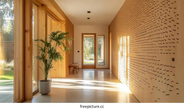 Modern Wooden Corridor with Artistic Wall Decor