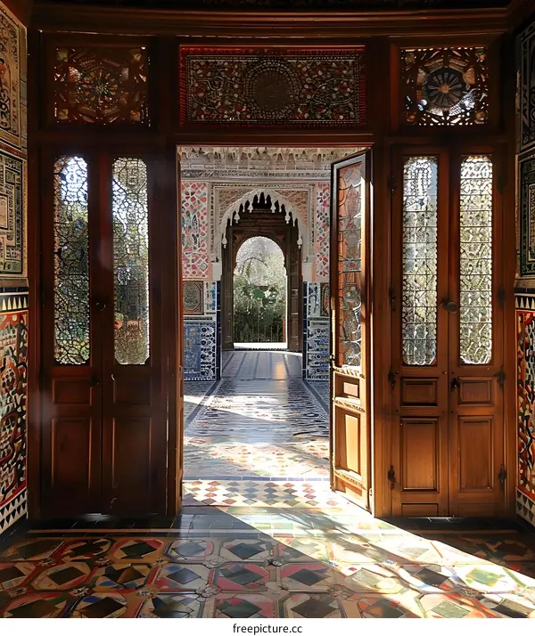 Moorish style architecture with intricate tile work and arched doorways