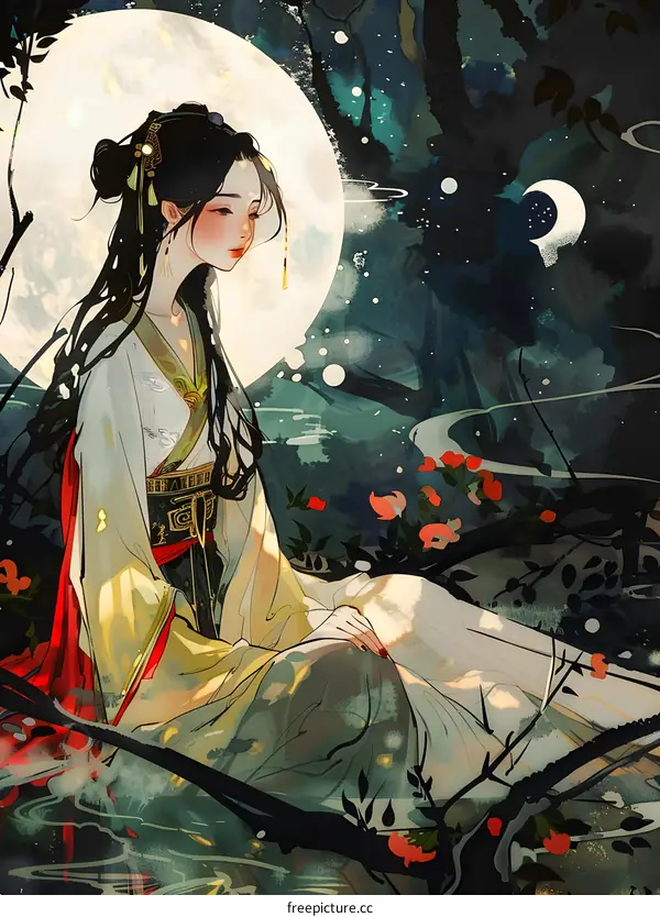 Elegant Woman in Traditional Chinese Clothing Under the Moon