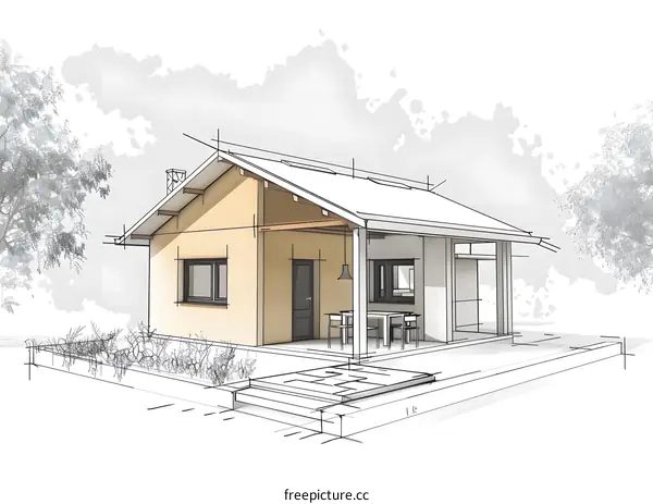 Hand Drawn Sketch of a House Design with a Patio and a Garden