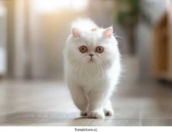 A cute white Persian kitten walking on wooden floor