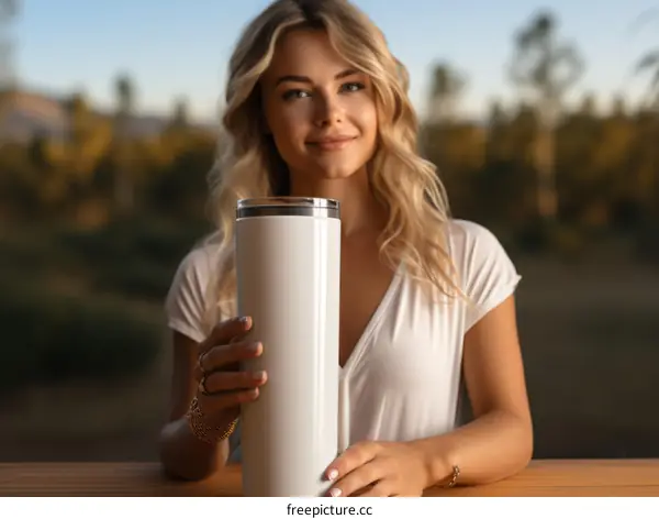Blonde woman in white shirt holding a large white tumbler