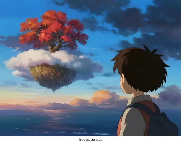A Boy Looking at a Floating Tree with Red Leaves Above the Sea
