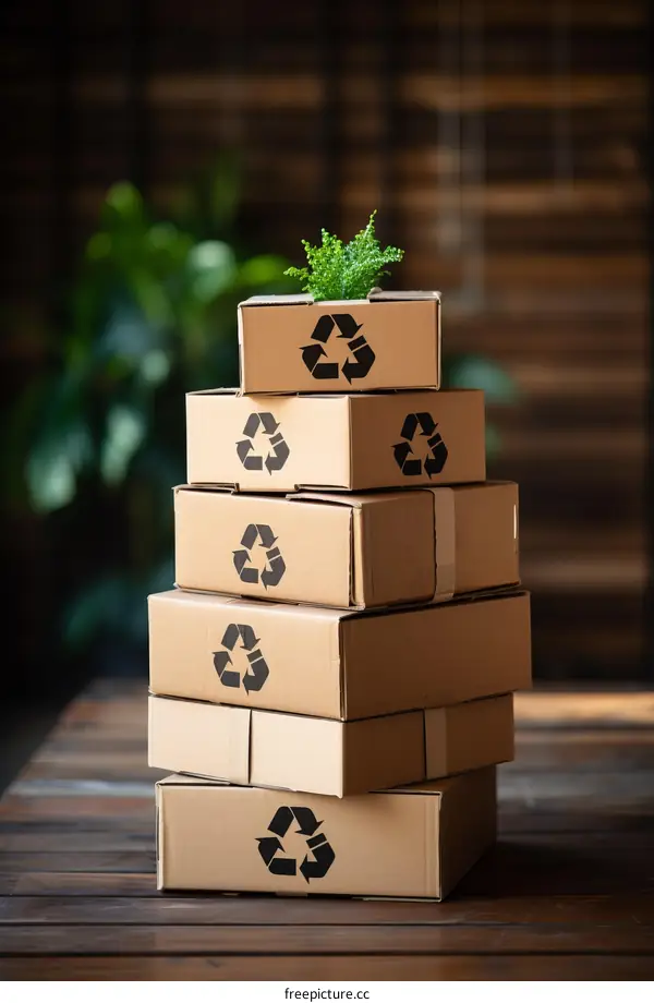 Cardboard boxes with recycle logo stacked with a plant on top