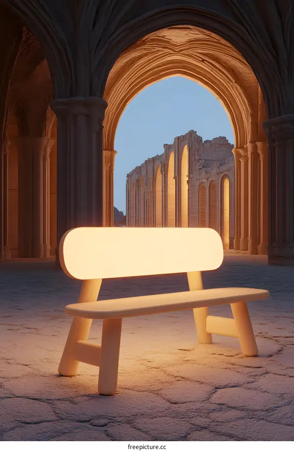 Luminous Bench in a Stone Archway with a View of Ruins
