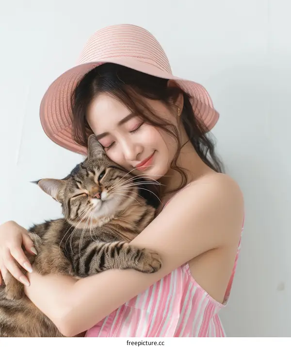 A young woman is hugging a tabby cat