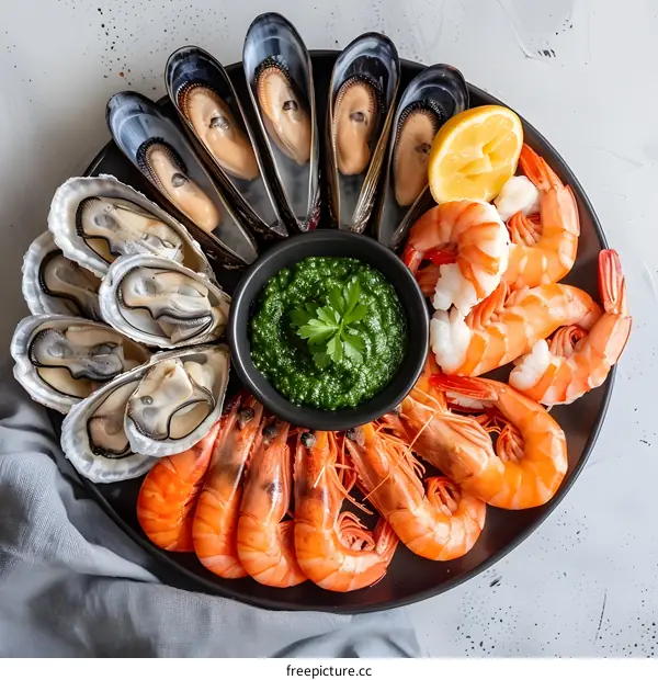 Seafood platter with prawns, oysters and mussels