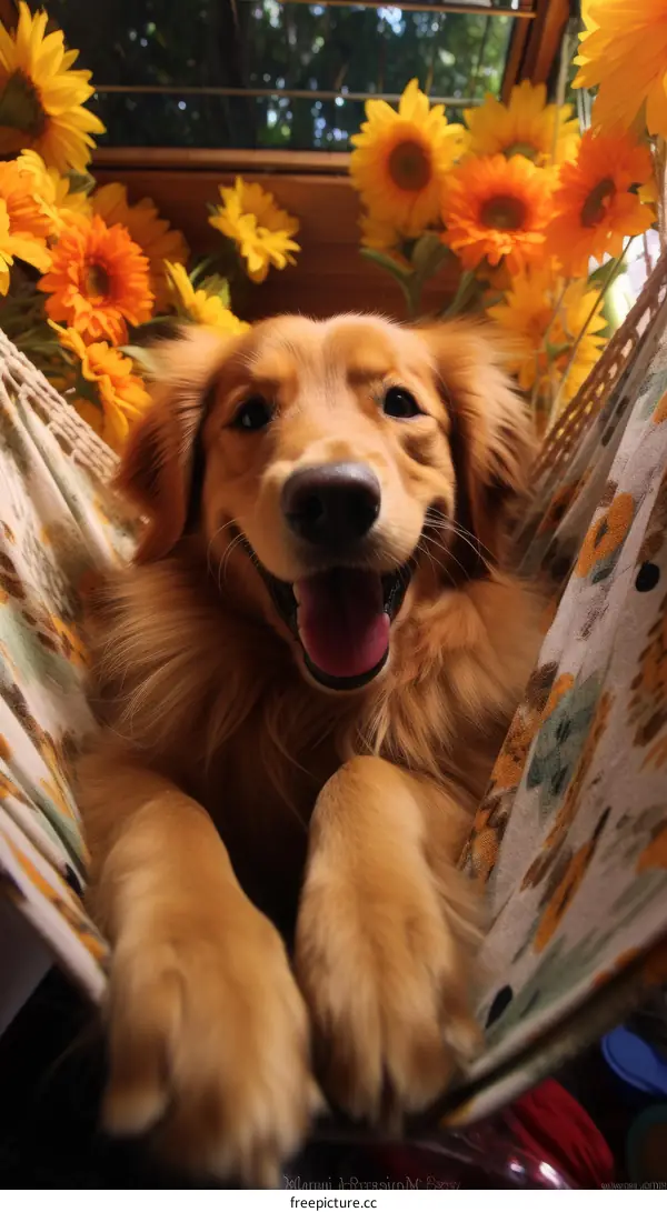A golden retriever dog is lying in a hammock surrounded by sunflowers