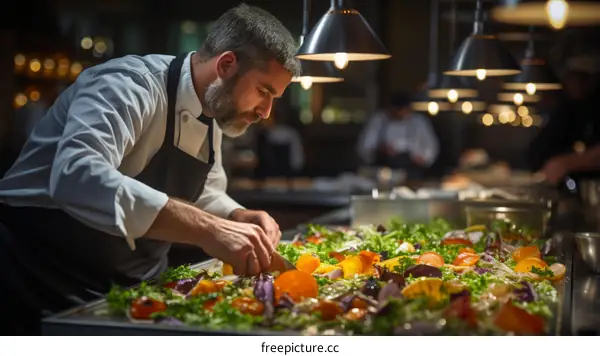 Chef carefully preparing a delicious salad in a commercial kitchen