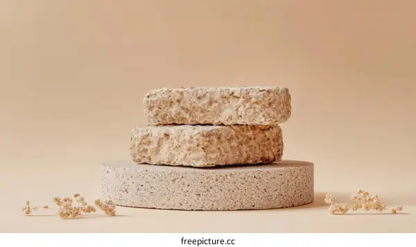 Beige Minimalist Display with Stacked Stones