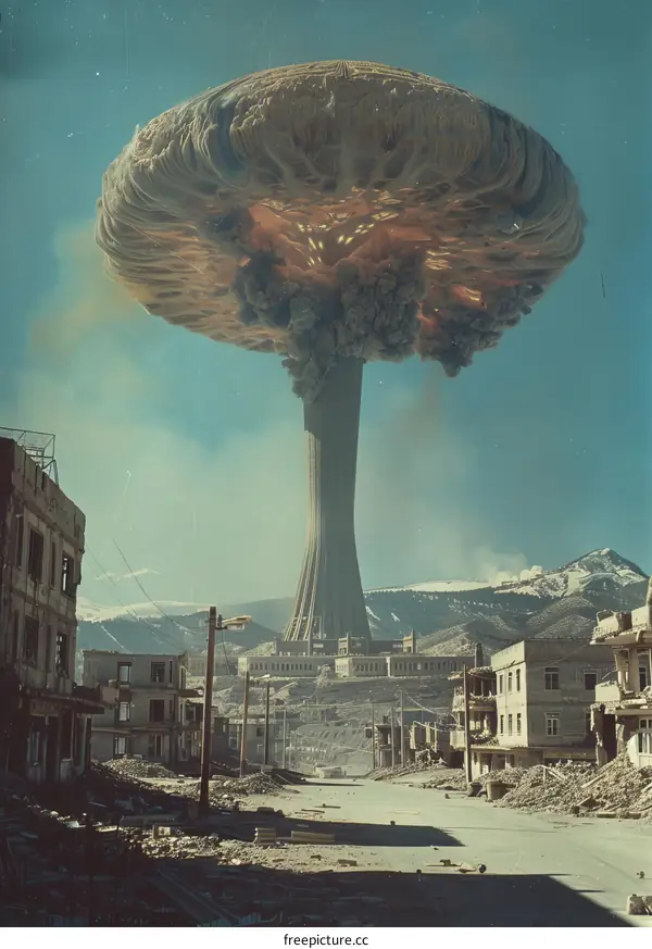 Post-apocalyptic city with a giant mushroom cloud in the background