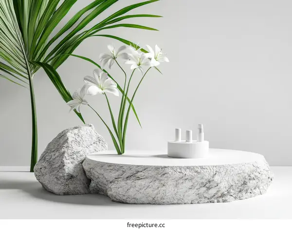 Elegant White Cosmetic Display with Tropical Plants