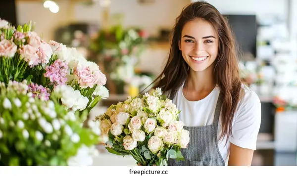 Smiling Woman Florist Holding Bouquet of Flowers