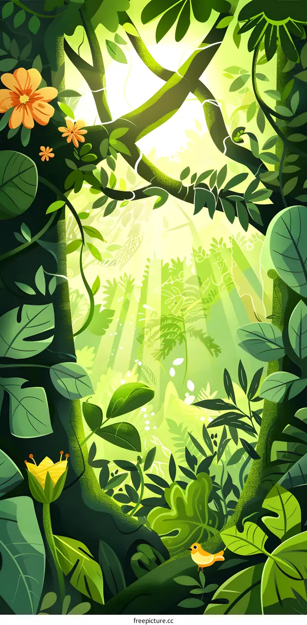 Green Lush Jungle Leaves and Sun Rays Illustration