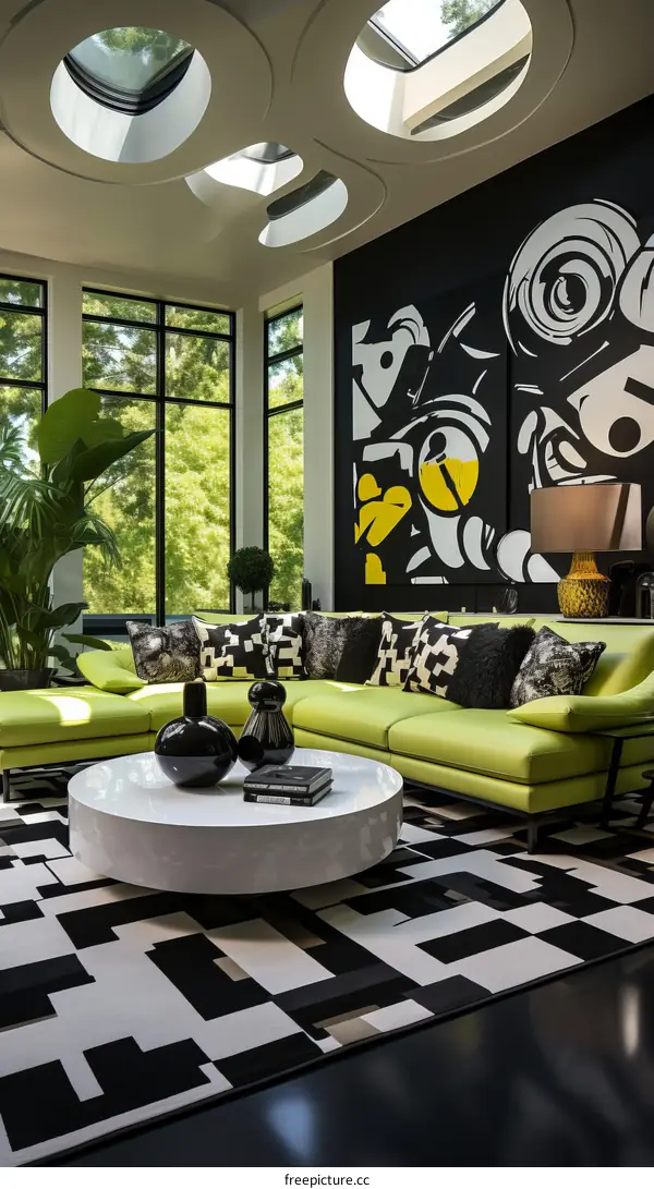 Modern living room interior design with green sofa and large windows